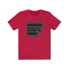 Load image into Gallery viewer, Buckeyes and beer text Unisex Jersey Short Sleeve Tee
